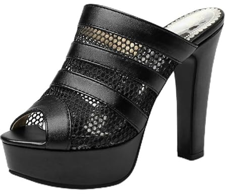Pantoufles pour femme à talon bloc Peeptoe Talon haut avec 11,5 cm Mode Sandales pour femme Z33-451, Noir , 44 EU