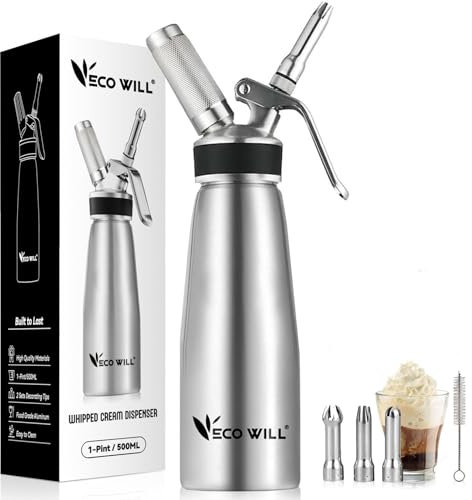 ECO-WILL Sahnespender aus Edelstahl, Sahnebereiter mit 3 verschiedenen Edelstahl-Spritztüllen und Reinigungsbürste, 500 ml, N2O-Ladegeräte (nicht im Lieferumfang enthalten)
