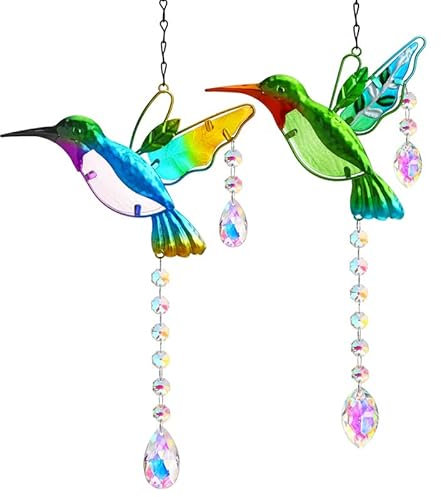 2 x Kolibri-Sonnenfänger, Buntglas-Fensterdekoration, Regenbogenmacher, Kristall-Prismen-Sonnenfänger, für drinnen und draußen, Haus, Garten, Party-Dekoration