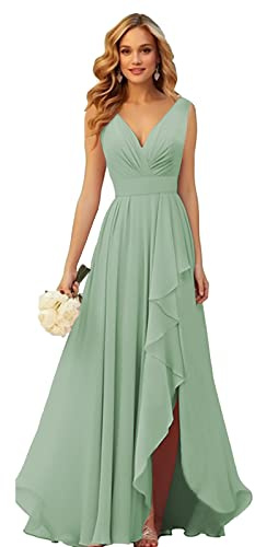 OFEYCHUN Vestidos de Dama de Honor con Cuello en V para Mujer de Boda con Abertura y Volantes de Gasa Largo Cintura Imperio Vestido Formal, Verde Salvia, 6