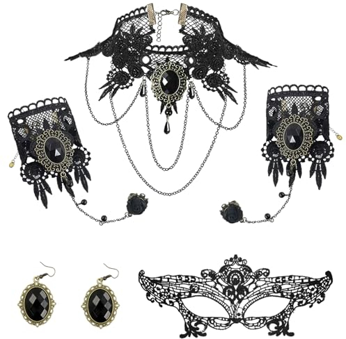 Gothic schmuck Set,4 Stück Steampunk Accessoires,Steampunk Halskette+Steampunk Armbänder+Steampunk Ohrringe+Lace Augenmaske,Steampunk Kostüm Damen,für Halloween,Ostern,Karneval Kostüm Accessoires