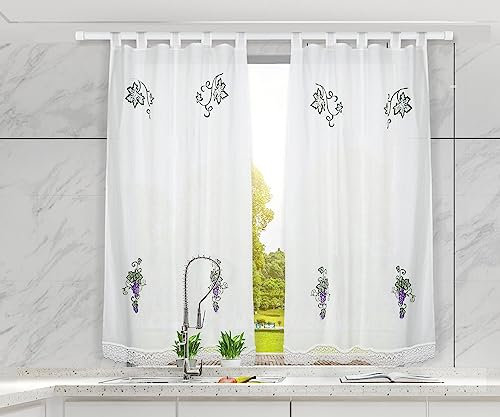 HOMEYA - Cortina Cocina Translúcida 150x150cm - Cortina con Bordados de Uvas ,Para Cocina,Comedor, Marco de puerta - 1 Unidad color Blanco,100% Poliester