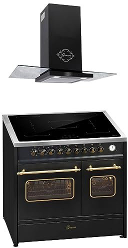 GURARI Induktions-Standherd E 913 DF RU BL+GCH T 466 90 BL PRIME, Retro Elektro Standherd 90cm, Range Coocker mit FLEX Induktion+Dunstabzugshaube 90 cm