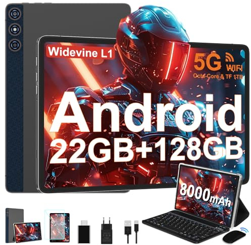 DMOAO Tablet Android 14 con 22GB RAM+128GB ROM(1TB TF, Tablet 10 Pollici con Widevine L1, Octa-Core 2.0GHZ, 5G Wi-Fi, GPS, 8000mAh, 8MP+5MP, Bluetooth 5.0, USB-C, Tastiera, Marrone
