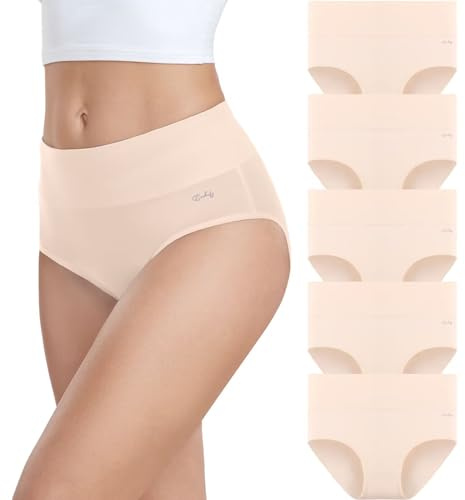 coskefy Underwear Women, High Waisted Cotton Knickers Ladies Full Briefs Soft Panties Slight Tummy Control Pants 5 Pack L