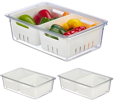 Relaxdays Kühlschrank, 3er Set, stapelbar, 2 Abtropfkörbe, Lebensmittel Organizer mit Deckel, transparent/weiß