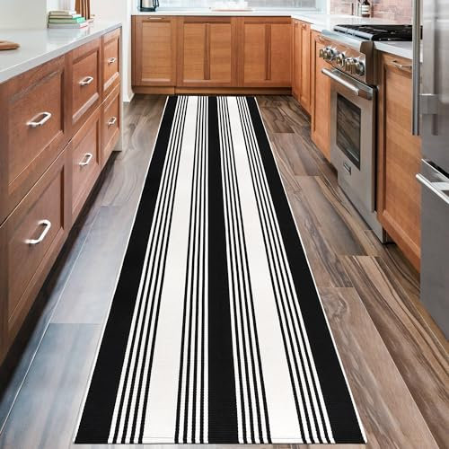Aoczes Langer Teppich Läufer Flur 90 x 300 cm Bauernhof Waschbarer Gestreifter Teppich Schwarz Weiß Küchenläufer Kurzflor Läufer Teppich Baumwolle Gewebt Läufer für Eingang Schlafzimmer Wohnzimmer