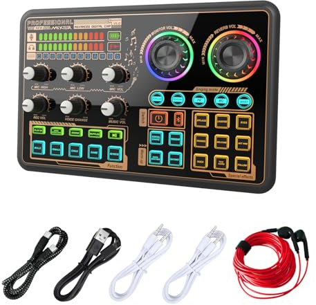 Hosabely Audio Mixer with Effects, Audio Interface with Voice Changer, External Sound Card for PC Phone Microphone, Audio Mixer for Karaoke, Streaming, Recording, Gaming, Podcasting