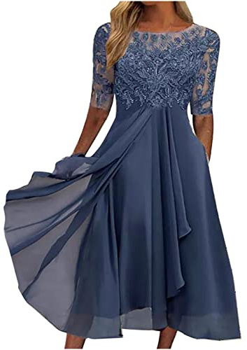 2024 Robe De Cocktail Soirée Femme Chic Et Elegant Robe Longue Femme Ete Sexy Bal en Dentelle Mousseline Manches Courtes Demoiselle Honneur pour Fête Cérémonie Anniversaire Bal Mariage Maxi Robe