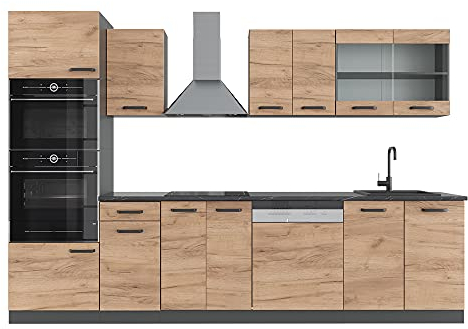 Vicco Küchenzeile R-Line, Goldkraft Eiche/Anthrazit, 300 cm mit Hochschrank, AP Anthrazit