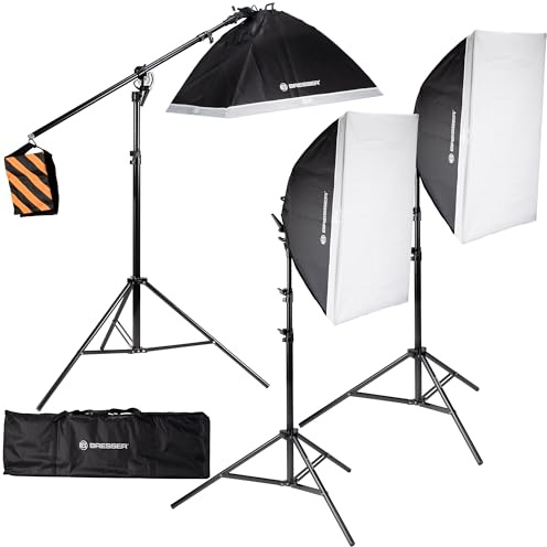 Bresser Kit Luce Diurna LED per Studio Fotografico con 3 Softbox 60x80 cm, 15 Lampade LED, Treppiedi, Braccio Boom, Borsa, 5500K, CRI >85