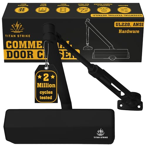 TITAN STRIKE Heavy Duty Automatic Door Closer with Hold Open, Commercial Indoor/Outdoor Adjustable Door Closure, ANSI Grade 1, UL Certified, ADA Compliant, (44-330lb, 30-60in) – Black