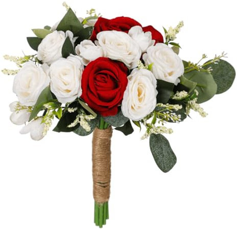 Bouquets de mariage pour mariée, bouquets de roses blanches rouges et bleues pour mariée, bouquet de fleurs artificielles pour mariage, bouquet de demoiselle d'honneur avec corde de jute,