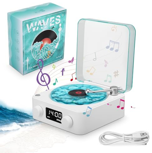 The Waves - Sveglia retrò con lettore in vinile, Bluetooth vintage 2025, altoparlante Bluetooth per feste, atmosfera, giradischi, regalo di San Valentino