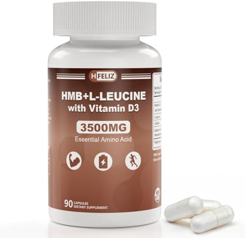 HFELIZ HMB and Leucine Supplement, 3500mg L-Leucine HMB with Vitamin D3, Amino Acid BCAA for Men, Vegan, Gluten Free, 90 Capsules