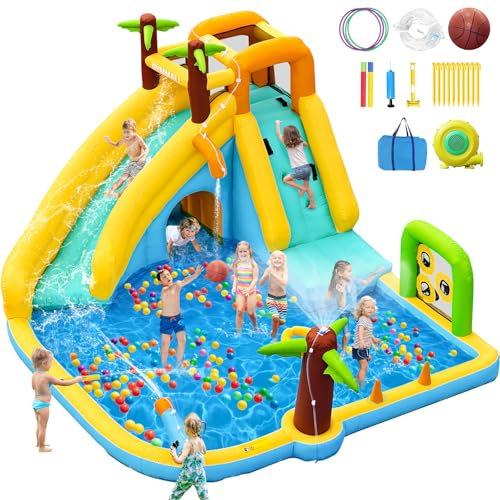 GYMMALL Scivolo Gonfiabile con Ventilatore 450W - Castello d’Acqua 10-in-1 per Bambini interno ed esterno con Piscina, Spruzzatori e Scivolo Lungo