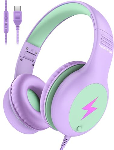 Woopvink - Auriculares para niños con cable y micrófono, auriculares USB C para niños y niñas con cable, luces LED, límite de volumen de 85/94 dB, auriculares portátiles sobre la oreja para escuela,