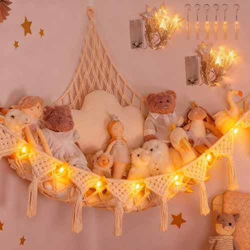 2Pack Teddy Hammock, 105 x 145cm Corner Weaving Toy Hammock, Animals Teddy Net with 2pcs Light String(2m*2m), Boho for Baby Room Decor, Kids Bedroom, Playroom