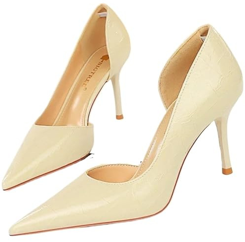Scarpe da Festa Classiche con Punta affilata, Nuove in Pelle Verniciata, con Tacco Alto da 8 cm, Vintage da Donna(Beige,35)