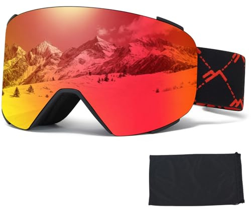 VCOROS Skidglasögon OTG, YH693C snöglasögon justerbara för män kvinnor anti-dimma anti-bländning UV400-skyddshjälm kompatibel för skidåkning, cykling, snowboard (05-REVO röd/svart)