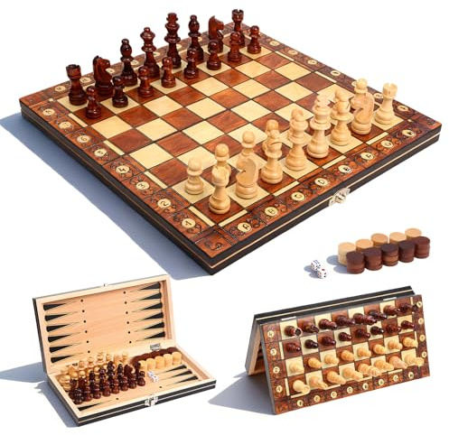 Schachspiel Holz Magnetisch | 3-in-1 Set mit Dame & Backgammon | Schachbrett Holz für Anfänger & Reise | Schachspiel Kinder Klappbar - Ideales Schach Geschenk für Erwachsene & Familie