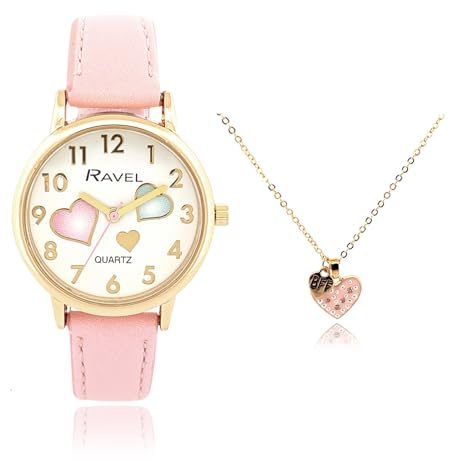 Ravel „Little Gems“ Mädchen-Set aus Goldener Armbanduhr und Herzkette – Analog-Quarzuhr – R2232.5 – Rosa