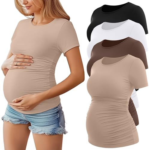 Geyoga Lot 4 Tops Prémaman Manches Courtes Femme | Coton, Col Rond, T-Shirts Prémaman, Froncés Latéraux, Coupe Ajustée, Été, Respirant, Extensible, Décontracté, Doux
