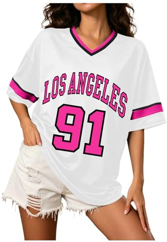 Camiseta de béisbol para Mujer Los Ángeles de tamaño Y2k Number Shirts Graphic Ribetes Camisa de Ocio Cuello V Streetwear Striped Graphic tee Casual Top Verano Camiseta Deportiva Tallas Grandes