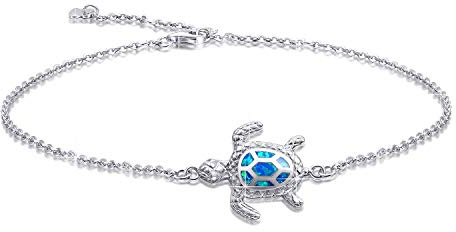 PUPILLEMON Blue Opal Sea Turtle Ankle Sterling Silver Anklet Fine Jewelry for Women Gifts 4 Level Adjustable Anklet (Large Bracelet)