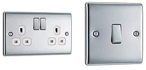 BG Electrical Double Switched Power Socket with White Inserts, Polished Chrome, 13 Amp & Electrical Single Light Switch, Polished Chrome, 2-Way, 10AX