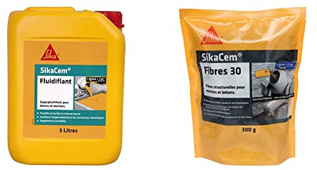 SikaCem Fluidifiant, Superplastifiant pour mortiers et béton, réducteur d'eau, haute durabilité, 5L & em Fibres 30, Fibres structurelles 30mm pour mortiers et bétons, 300g, Gris