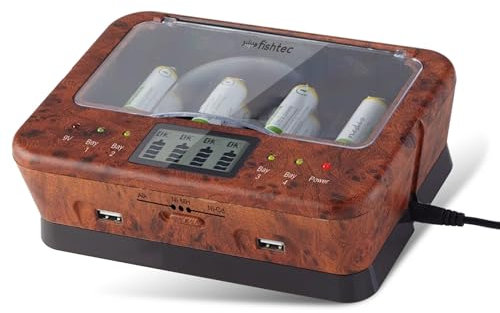 Cargador de Pilas Recargables AA/LR6, AAA/LR3, C/LR14, D/LR20, 9 V, NiCd y NiMh + alcalinas – Pantalla LCD – Indicador de Carga – Cargador Universal 4 Pilas + 2 Puertos USB – Lupa de Orme – Madera