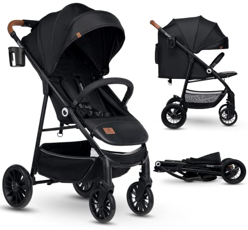 LIONELO Zoey Kinderwagen Buggy bis zu 15 kg, XXL-Verdeck mit Sonnenschutz, Liegeposition, Fußstützenverstellung, EVA Schaumstoffräder, Moskitonetz, zusammenklappbar Schwarz