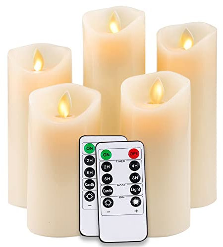 VIPNAJI LED Kerzen, flammenlose Kerze, Dekorative Kerze, Echtwachskerze 5er Set (13cm, 14cm, 16cm, 18cm, 20cm).Stumpenkerze,Realistisch flackernde LED-Flammen,mit Fernbedienung,Timer-Funktion (Ivory)