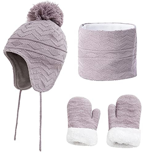 CheChury Bambino Cappello Inverno Sciarpa e Guanti 3 Pezzi Set Infantile Cappello a Maglia Berretto Fodera in Pile Polare con Pompon per Neonato Ragazze Ragazzi 1 a 6 anni,Grigio,S