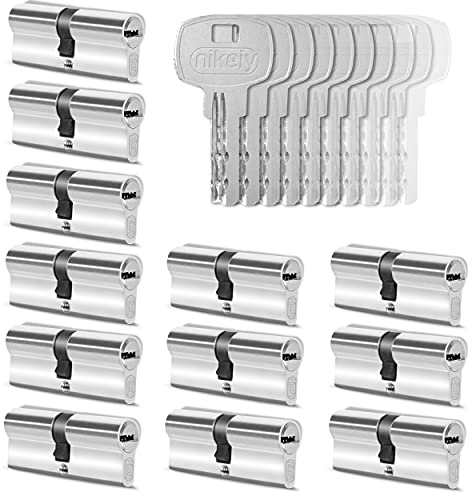 GERCAR 12 cilindros de cerradura con cierre uniforme, 12 cilindros de perfil 30/30, incluye 60 llaves de 60 mm, cerradura doble para puerta, juego de 12 unidades, longitud: 60 mm, A: 30 B: 30