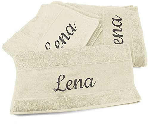Handtücher 3er Set mit Namen oder Wunschtext bestickt - Farbe Natur - 3 verschiedene Größen: 180 x 100 cm, 140 x 70 cm und 100 x 50 cm, personalisiertes Duschtuch - Badehandtuch, 100% Baumwolle