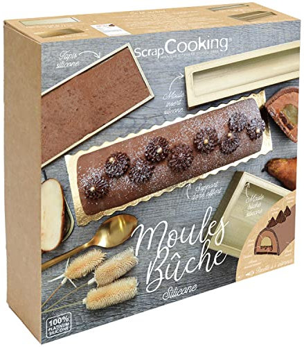 ScrapCooking - Coffret Moules Silicone Bûche de Noël - Avec Insert, Tapis Génoise, Support Doré et Recette Bûche Poire Chocolat - Gouttière Souple Pâtisserie - Coloris Doré - 1939