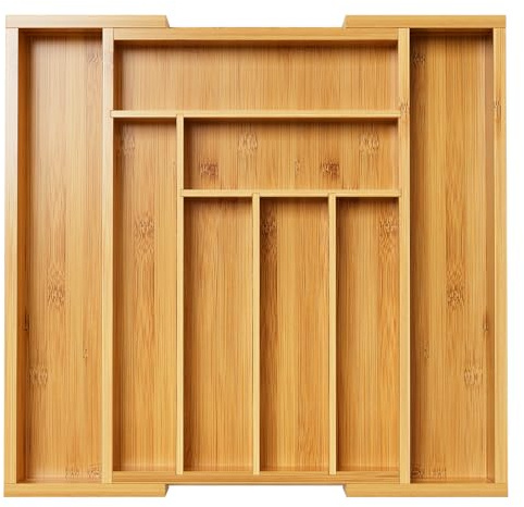 Pipishell Besteckkasten aus Bambus für Utensilien, verstellbarer Besteckkasten, Besteck Organizer 6 bis 8 Fächer, Besteckeinsatz für Küche Organizer aus Kunststoff für Löffel, Gabeln