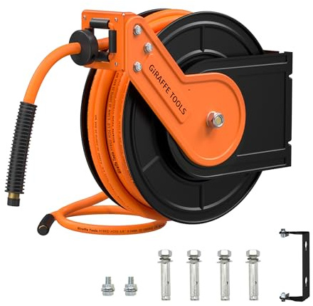 Giraffe Tools Retractable Air Hose Reel, 3/8 Hybrid Hose, Air Compressor Heavy Duty Steel Reel Auto Rewind 300PSI, Wall Mount with Swivel Bracket, 50ft