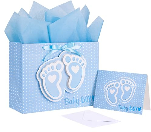 LeZakaa 13 Blue Gift Bags with Tissue Paper, Gift Card, Foot Print & Baby Boy Lettering Design for Baby Shower, Little One, 1st Baby Boys' Birthday