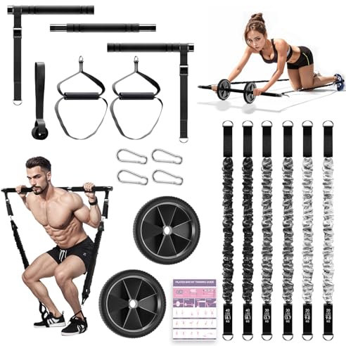 COSDIG Pilates Bar Set mit 6 Widerstandsbänder, Fitnessbänder Pilates Stangen Set mit AB Rolle, 20/30/40lbs Resistance Bands, Griffe, Türanker für Krafttraining und Körperstraffung (Schwarz)