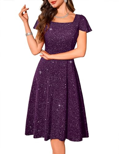 Berylove Robe de Cocktail - Col Carré Festive et de Soirée Longue à Paillettes - avec Manches pour Invité de Mariage