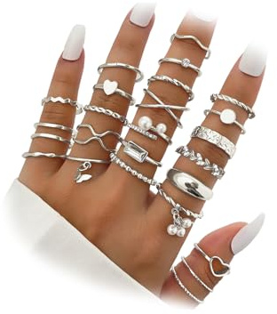 IFKM 24 Pcs Silver Knuckle Rings Set For Women Vintage Stackable Joint Finger Midi Rings Dainty Cubic Zirconia Crystal Simple Twist Hollow Cute Rings Pack Jewelry Gift (Heart's Voice, Silver)