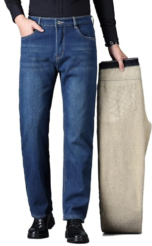 ziilay Jeans termici da uomo in pile di agnello ispessito, pantaloni termici, pantaloni da neve, foderati in pile Teddy, pantaloni invernali elasticizzati, Retro Blu, 32W / 34L