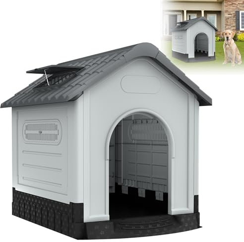 XMTECH Hundehütte Haustierhaus aus Kunststoff, Wasserdicht & UV-beständig, Hundehaus mit erhöhtem Boden/Lüftungsöffnungen/Oberlicht, Grau (L 105 x B 89 x H 99 cm)
