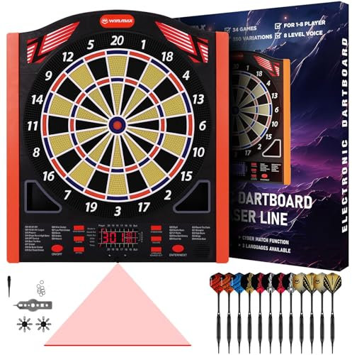 WIN.MAX Elektronische Dartscheibe Profi Set mit Laser Throw/Toe Line Marker mit Deutsche Stimme-Geeignet für Batterien/Adapter für 1 bis 8 Spieler mit 12 Darts (Klassisch)