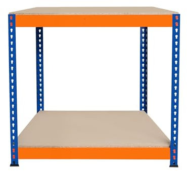 Banco de Trabajo p/Garaje S-Rax 2 Niveles | 90cm x 60cm x 90cm | Capacidad por Nivel 300kg | Montaje Sin Tornillos | 1 Barra de Soporte Reforzada | Patas de Goma | Mesa para taller almacén depósito