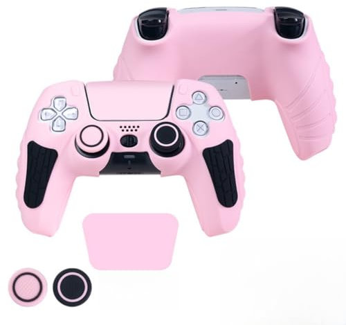 wigmoa XP-1 PS5 Controller Silicone Grip Cover Case with Thumb Grips, Joystick Protectors, and Anti-Slip Skin – Compatible with PS5. (Pink/Black)