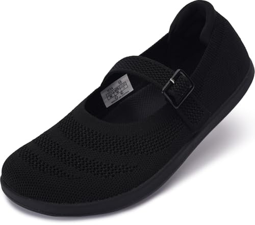 WHITIN Barefoot Mary Jane Flats for Women Wide Toe Box Shoes Minimalist Zero Drop Sole Size 8 Knit Width Fit Ballerina Ballet Walking Soft Strap Wedding Black 39